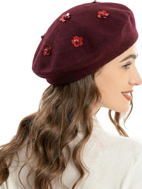 Women\'s French Beret Hat Reversible Knitted Thickened Warm Cap PailletteBurgundy main image 7